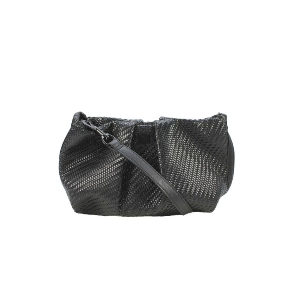 Think Royln Womens Leather Woven Pleated Shoulder Handbag Black